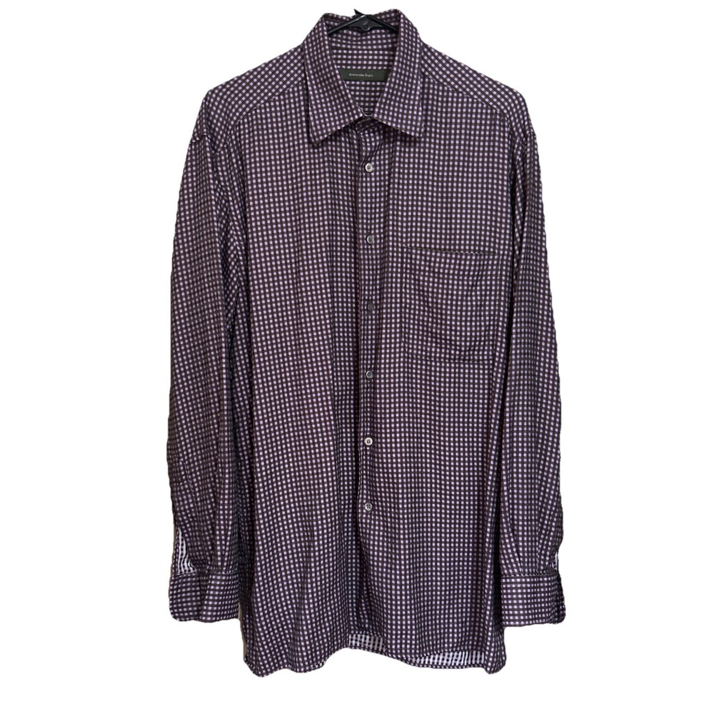 Ermenegildo Zegna Men's L Long Sleeve Button Up Purple Brown Gingham - Picture 4 of 16